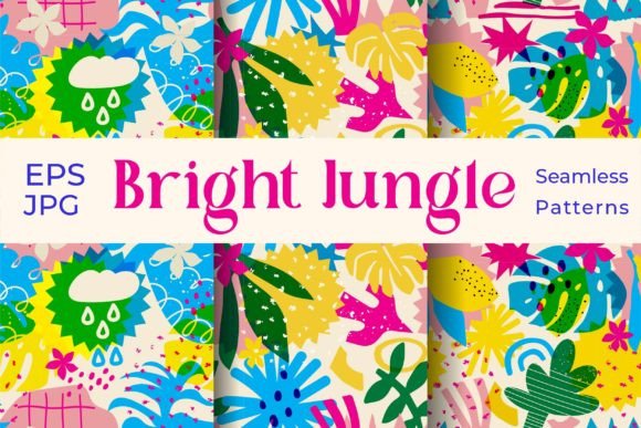 3 Seamless Jungle Patterns EPS, JPEG: Bright Tropical Design Assets for Creative Professionals