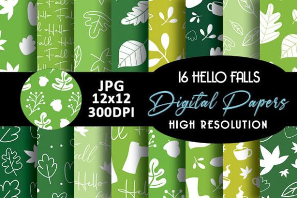 Green Hello Fall Digital Papers Patterns: 16 Versatile, Print-Ready Autumn Backdrops