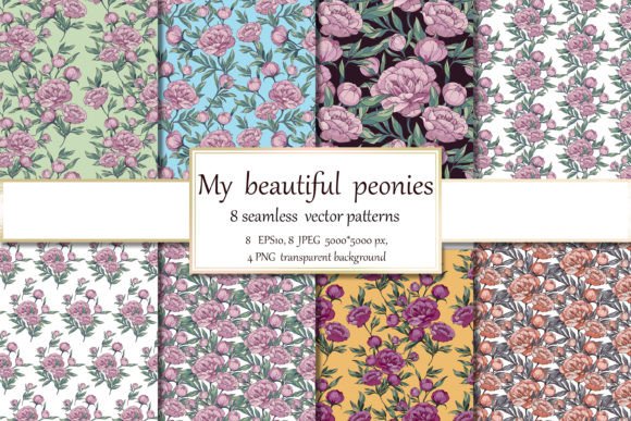 Peonies, 8 Floral Seamless Patterns: A Versatile Design Resource for Creative Professionals and Enthusiasts
