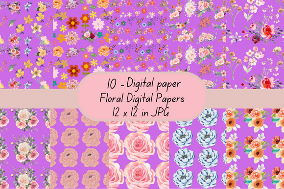 Purple Floral Digital Papers Patterns