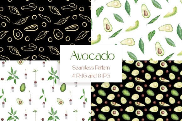 Watercolor Avocado Seamless Patterns PNG